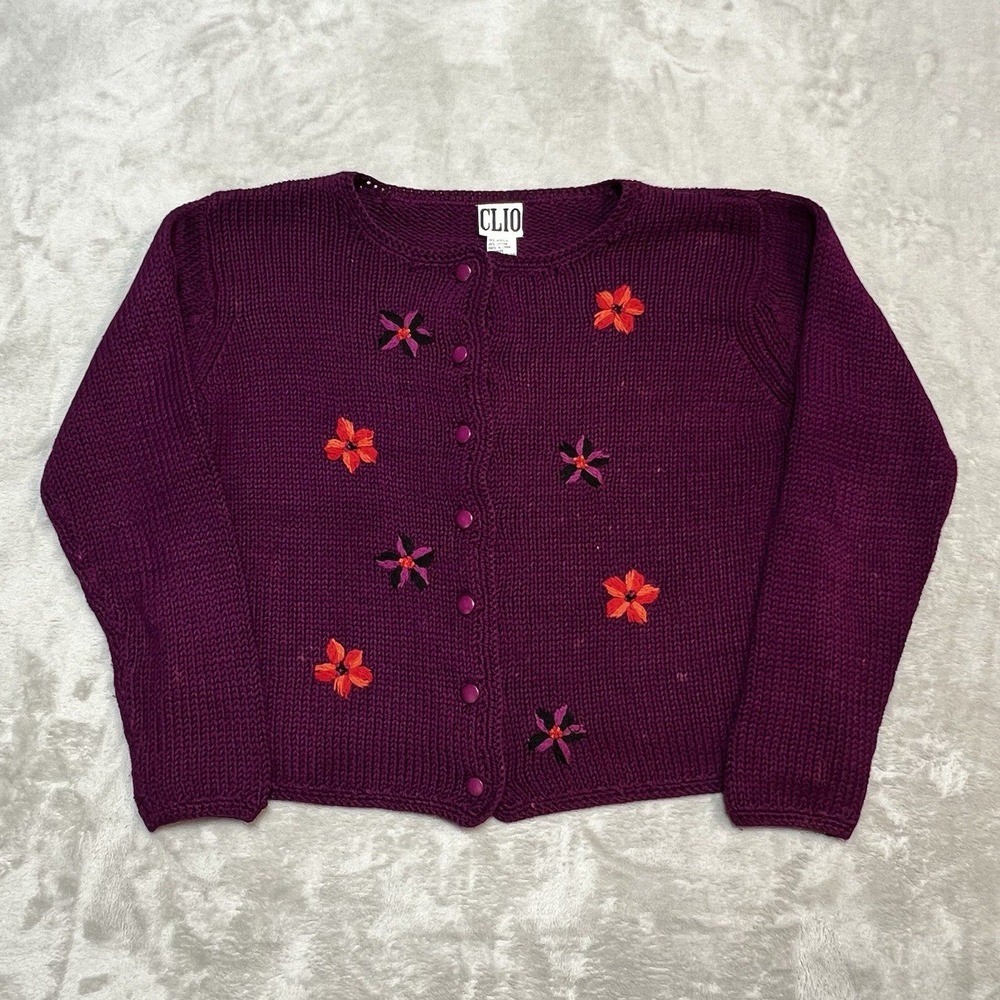 VTG 90s Clio Purple Knit Floral Embroidered Cardigan Sweater Women's Size Large